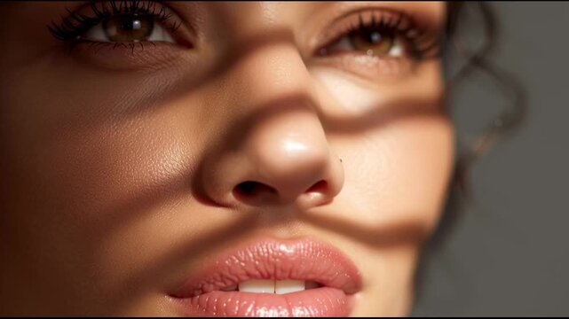 Pensive woman close up face, dramatic light and shadow highlighting beautiful skin and contemplative brown eye