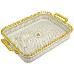 Elegant ceramic tray with gold accents and decorative detailing on transparent background