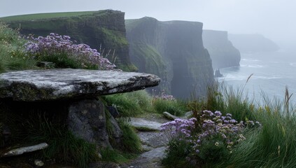 Misty Irish clifftop with ancient stone table and wildflowers