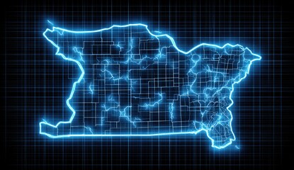 A glowing blue map outline, overlaid on a dark grid