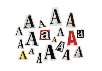 Ultra highresolution, professional studio photography of illustration of scattered letters a in various fonts, sizes, and colors, isolated on transparent background
