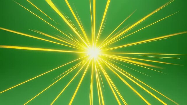 A bright golden light bursts forth against a rich green backdrop, creating a dynamic sense of motion
