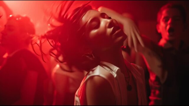 Energetic people in crowd dancing at fun nightlife party. Ecstatic woman dancer moving to vibrant music in underground club