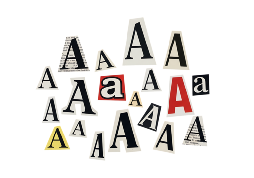 Ultra highresolution, professional studio photography of illustration of scattered letters a in various fonts, sizes, and colors, isolated on transparent background