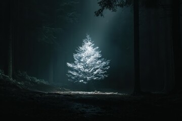 Ethereal White Christmas Tree Illuminated by Dramatic Spotlight in Dark, Mystical Forest Setting.