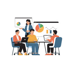 Business Team Meeting with Data Analysis and Presentation Illustration