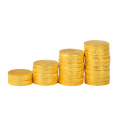 Gold coins stacked in increasing order against transparent background