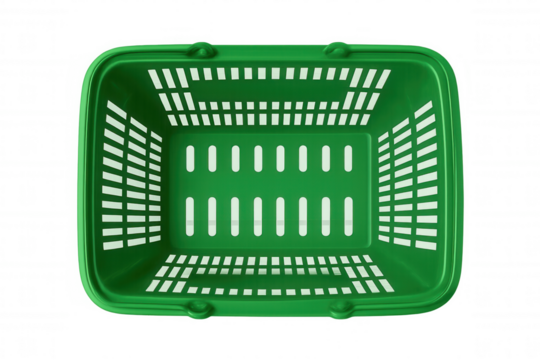 Green empty plastic shopping basket for grocery store purchases, supermarket consumerism concepts, top view