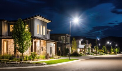 Modern homes on a quiet street at night, illuminated by warm lighting