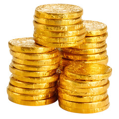 Golden coins stacked on transparent background for financial or investment concepts