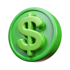 Obraz premium 3d green dollar coin icon, finance, money, currency, investment, wealth, business, economy, banking isolated on transparent background