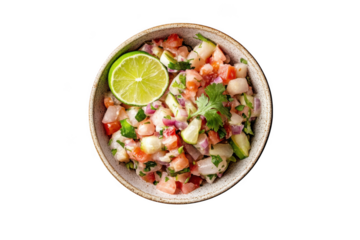 Delicious ceviche bowl with lime and cilantro topping, fresh seafood salad, healthy meal, appetizing dish, food photography isolated on transparent background
