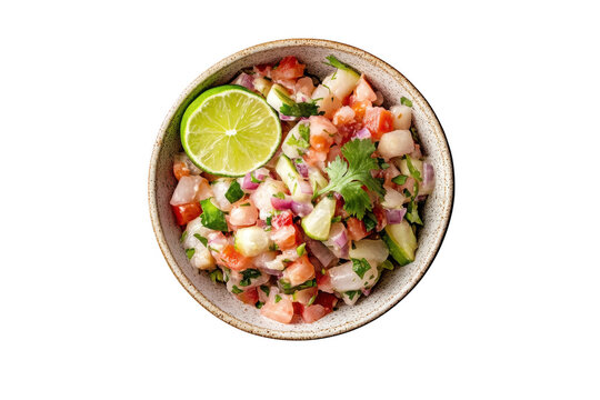 Delicious ceviche bowl with lime and cilantro topping, fresh seafood salad, healthy meal, appetizing dish, food photography isolated on transparent background