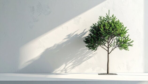 Small pine tree casting shadow on bright wall, minimalist natural decor in soft daylight, modern botanical simplicity.