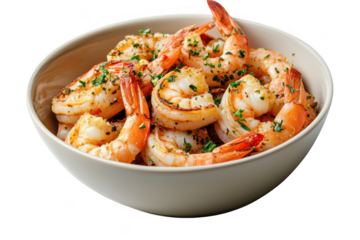 Delicious grilled shrimp bowl with herbs and spices, seafood dish, appetizer, healthy food isolated on transparent background