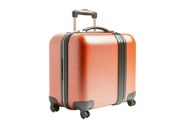 High resolution orange suitcase luggage travel baggage rolling case vacation journey isolated on transparent background