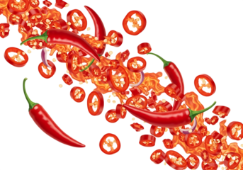 Ultra highresolution, professional studio photography of illustration of fresh red chili pepper slices and whole peppers exploding in motion isolated on transparent background