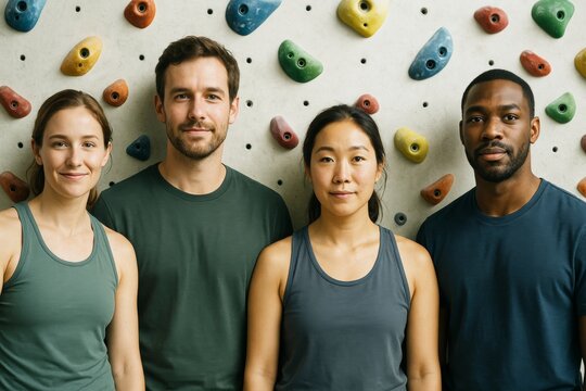 Group of young adults standing in front of indoor climbing wall smiling confidently, light background, concept of friendship and healthy hobby lifestyle. Ai generative