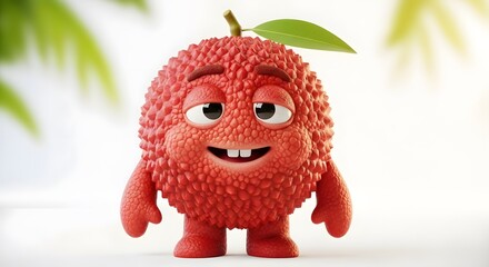 A charming and sleepy lychee fruit character with a happy smile, a cute 3D rendered mascot standing in a bright, sunny environment