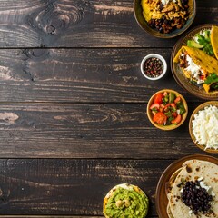 Various Latin American dishes on wooden table