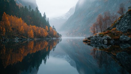 Misty autumn lake nestled in a mountain valley