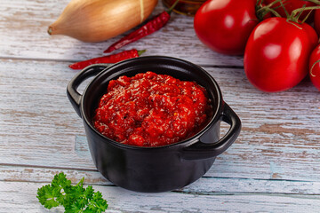 Bulgarian traditional lutenica pepper sauce