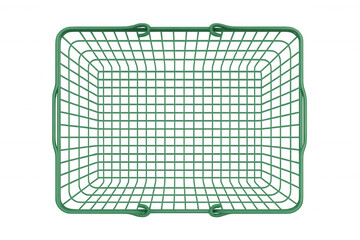 Green wire shopping basket from top view, supermarket grocery container for retail purchases, transparent background