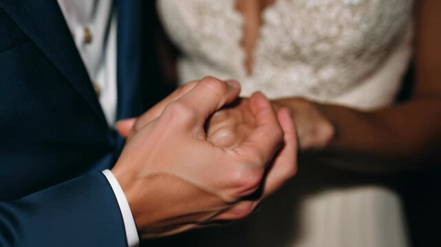 Romantic close-up of newlyweds holding hands during ceremony, representing deep love, emotion, and unity of human relationships.