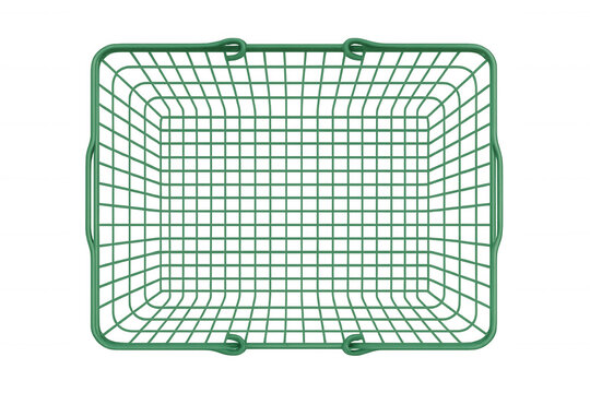 Green wire shopping basket from top view, supermarket grocery container for retail purchases, transparent background