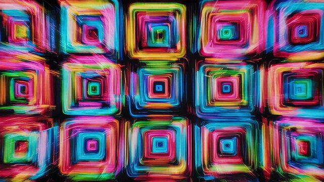 Abstract colorful squares in rows, creating a tunnel effect with vibrant hues and intricate patterns