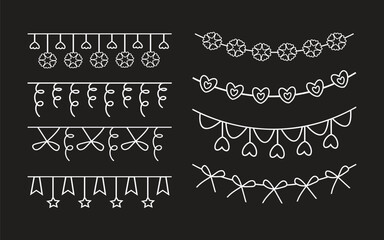 Hanging decorative line ornament vector set, cute garland and bunting outline design, minimalist festive border elements