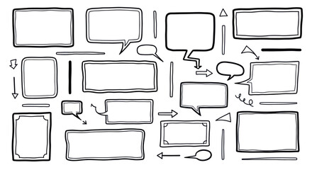 Obraz premium A collection of hand-drawn speech bubbles and frames in various shapes and sizes, isolated on a white background.