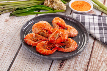 Delicous boiled tiger prawn with sauce