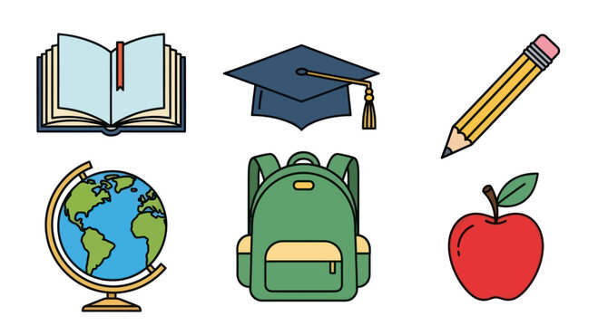 School supplies illustration: book, graduation cap, pencil, globe, backpack, and apple.