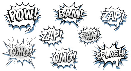 Set of comic book speech bubbles with onomatopoeic words and exclamations in black and white style, featuring dynamic bursts.