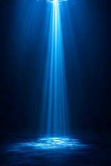 Mystical beams of radiant blue light pierce the darkness over a tranquil ocean surface.