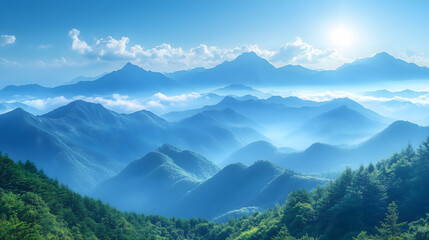 Majestic mountain peaks rise above a sea of mist under the soft glow of morning light.