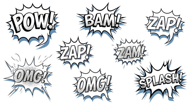 Set of comic book speech bubbles with onomatopoeic words and exclamations in black and white style, featuring dynamic bursts.