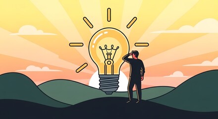 Man looks at a bright idea bulb under a beautiful sunrise, symbolizing innovation and new beginnings