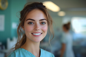 A cheerful young woman with a radiant smile stands in a dental clinic