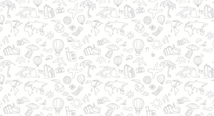 A detailed illustration featuring various travel-related elements, creating a seamless pattern on a white background.