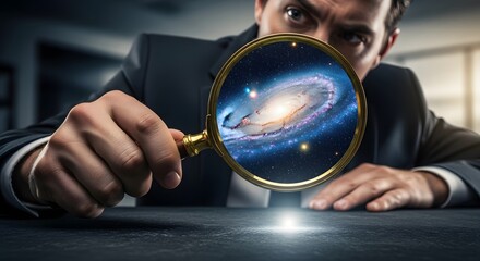 Looking at the Galaxy Business Professional Inspecting the Cosmos with a Magnifying Glass