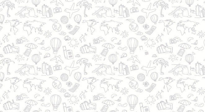 A detailed illustration featuring various travel-related elements, creating a seamless pattern on a white background.