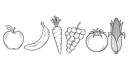 A black and white illustration of various fruits and vegetables including an apple, banana, carrot, grapes, tomato, and corn.
