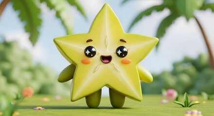 Adorable kawaii carambola fruit mascot with big eyes standing in a lush green summer garden with palm trees, a cheerful 3D render