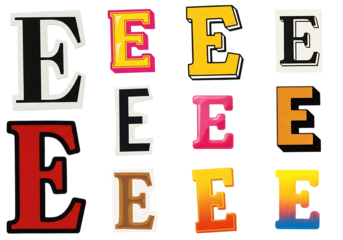 Ultra highresolution, professional studio photography of illustration of a collection of twelve letter es in various styles, colors, and fonts, isolated on a transparent background
