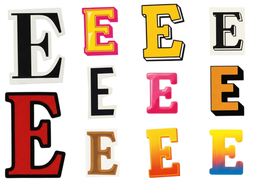 Ultra highresolution, professional studio photography of illustration of a collection of twelve letter es in various styles, colors, and fonts, isolated on a transparent background