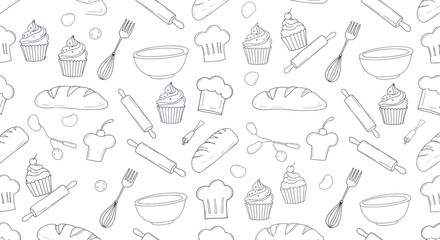 A seamless black and white pattern of hand-drawn baking and kitchen utensil doodles on a white background.