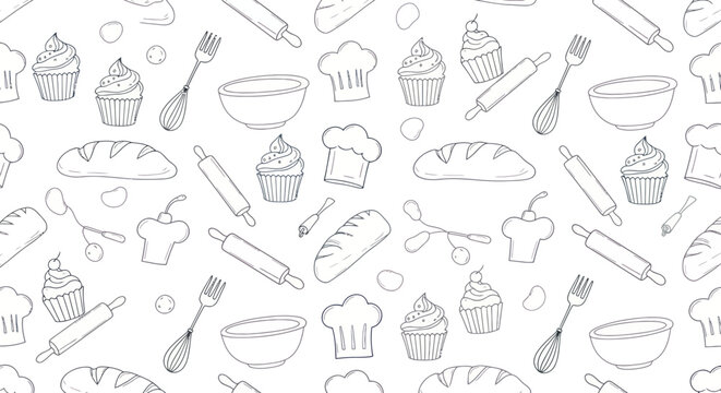 A seamless black and white pattern of hand-drawn baking and kitchen utensil doodles on a white background.
