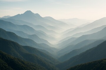 Fototapeta premium Serene misty mountain landscape with layered hills under soft morning light, ideal for travel inspiration and peaceful natural background concept. Ai generative